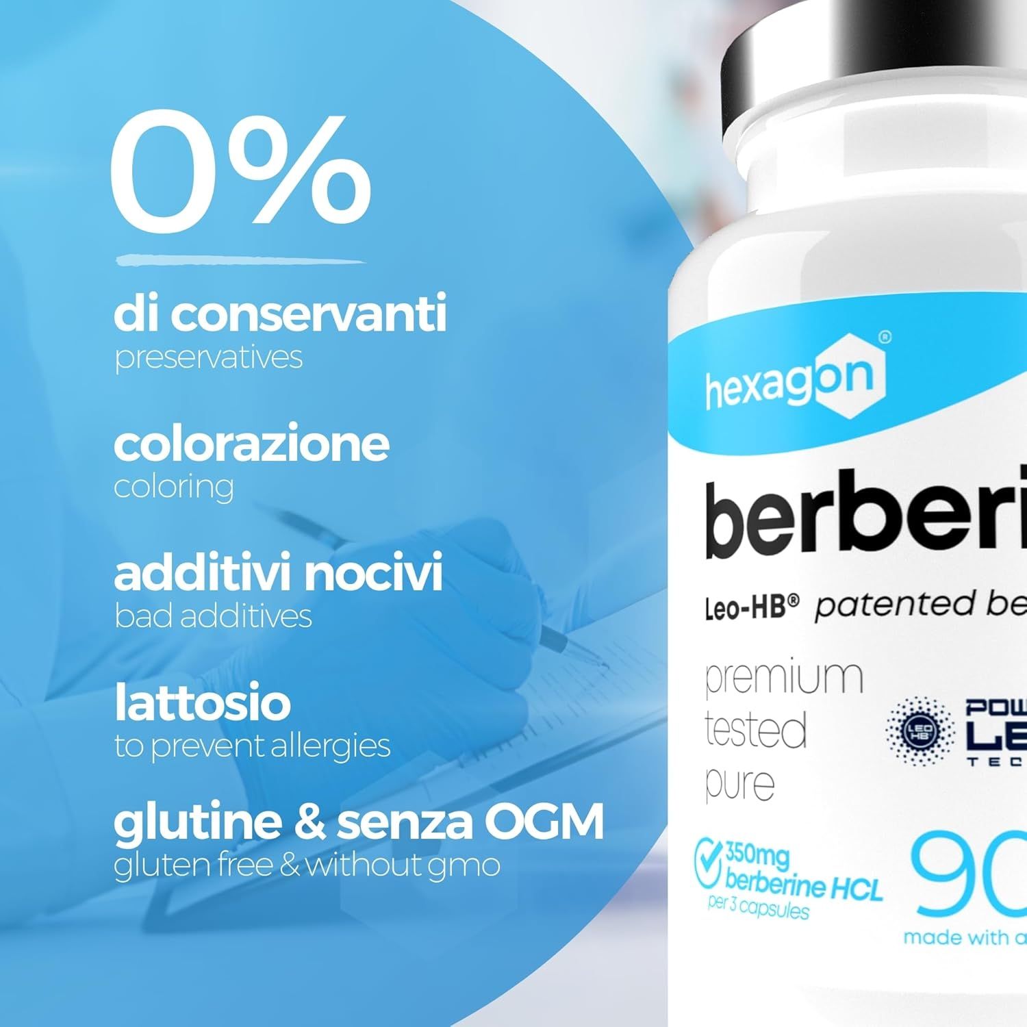 Capsule di Berberina Hexagon: Flacone da 90 capsule, 0% conservanti, coloranti, lattosio, glutine.