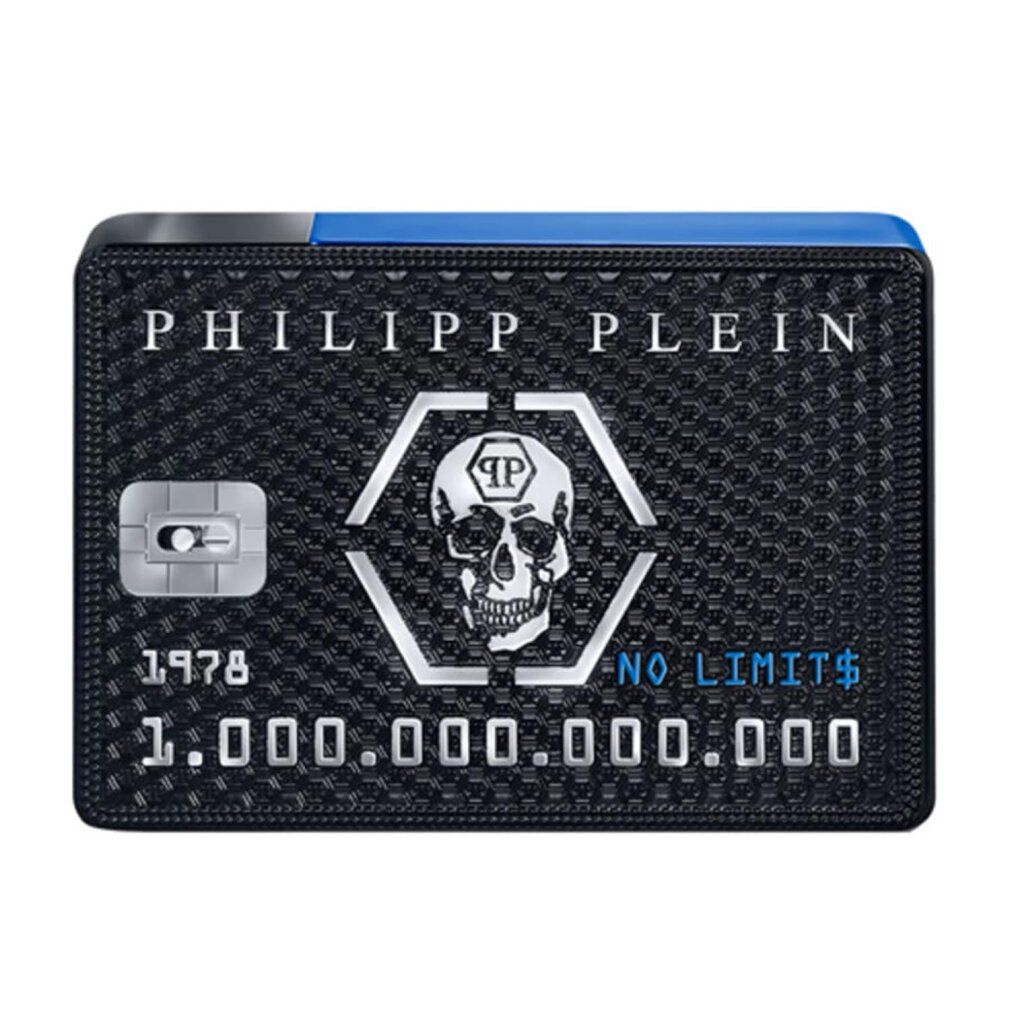 Confezione rettangolare nera con design teschio, logo Philipp Plein e testo. Chip argentato. Parte superiore blu. Testo: No Limits.