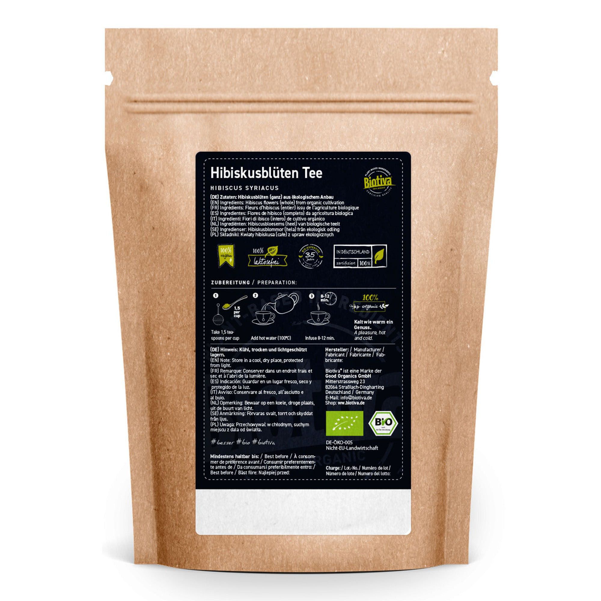 Retro della busta di tè biologico di fiori di ibisco Biotiva con istruzioni per la preparazione e sigillo biologico.