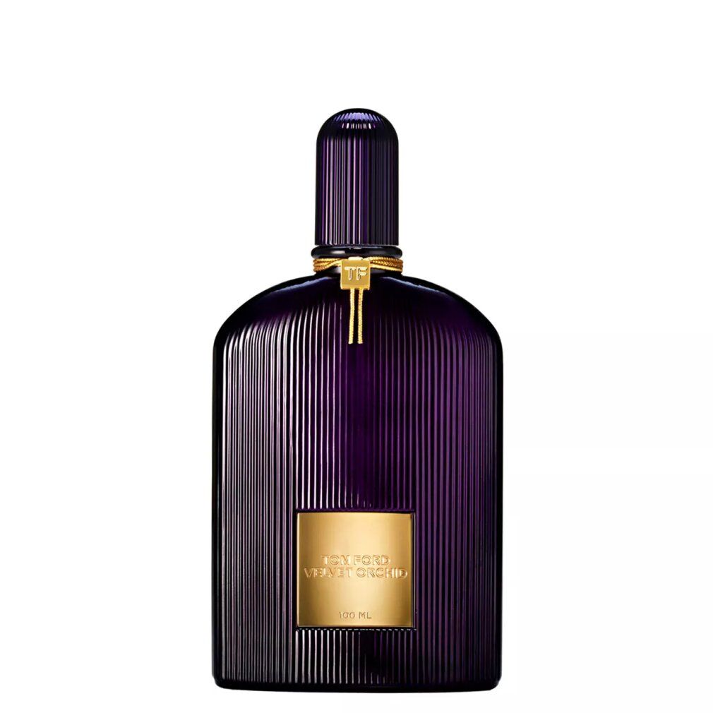 Flacone viola con superficie a coste, etichetta e tappo dorati. Testo: Tom Ford Velvet Orchid.
