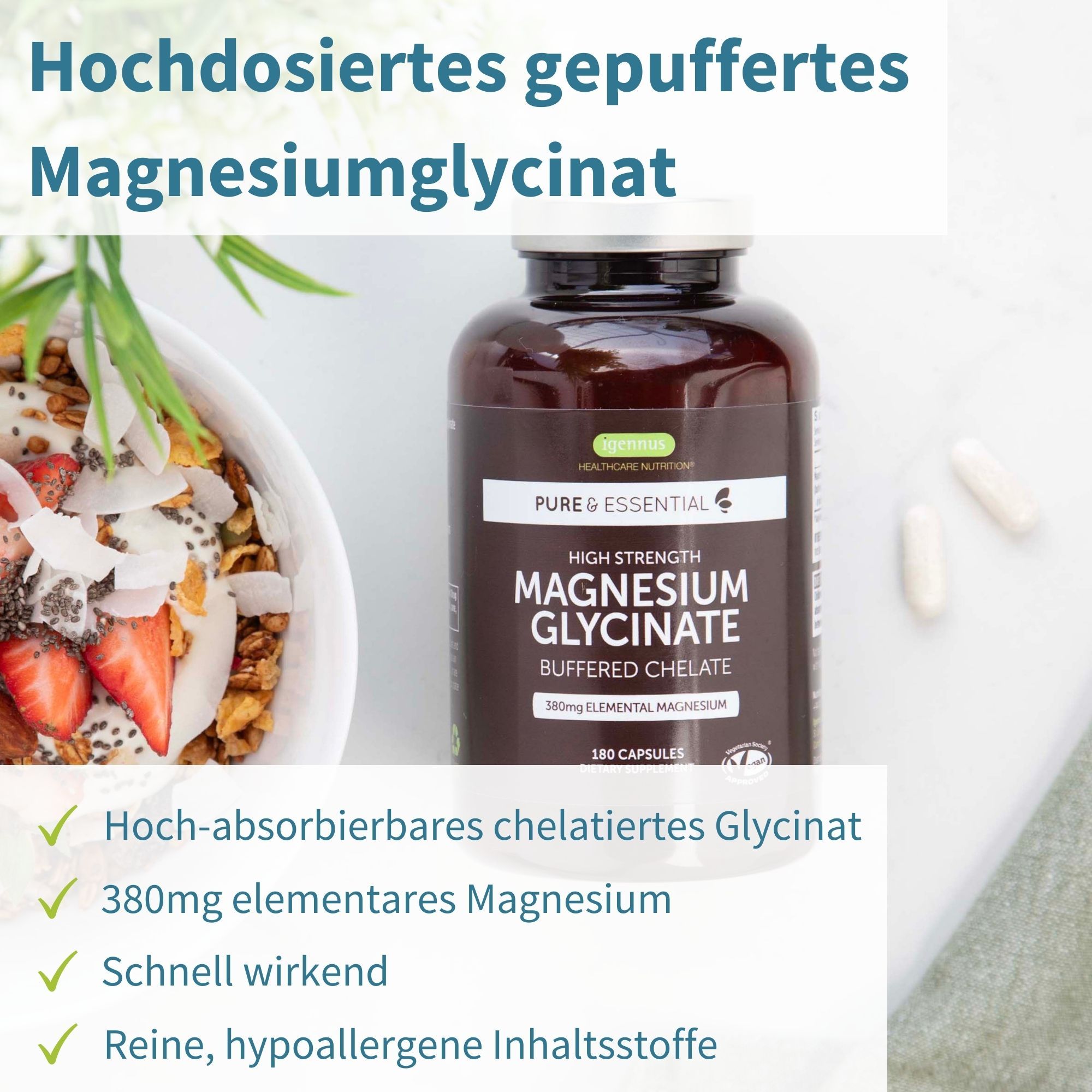Igennus Magnesio Bisglicinato Chelato 380mg Puro Glicinato Supporta Sonno, Muscoli e Sistema Nervoso