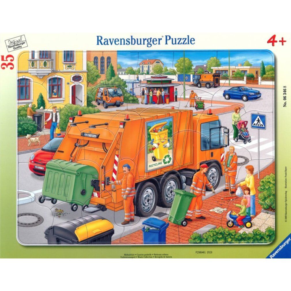 Puzzle Ravensburger da 35 pezzi. Immagine di un camion della spazzatura arancione e persone in una città. Simbolo di riciclaggio.