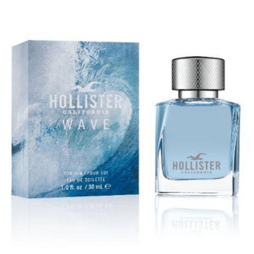 Flacone e confezione Hollister Wave Eau de Toilette. Flacone quadrato, azzurro chiaro. Confezione con motivo a onde e logo.