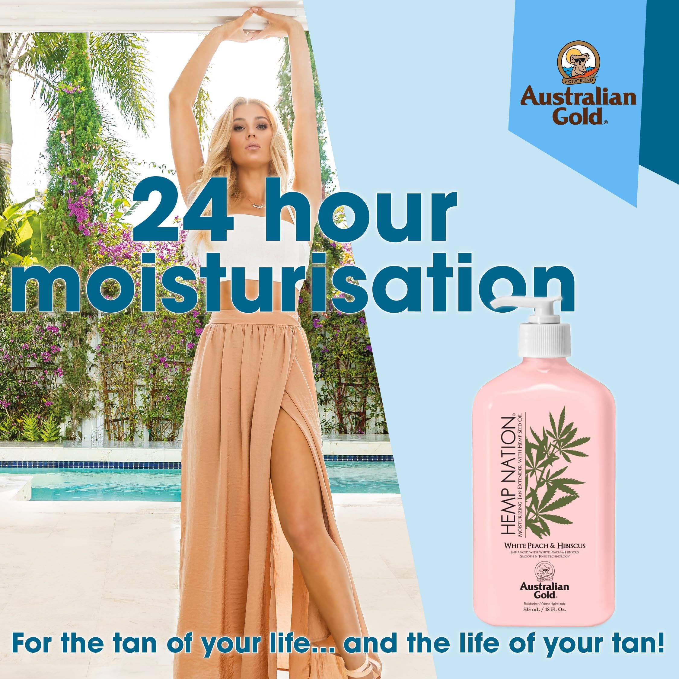Donna con prodotto. Testo: 24 hour moisturisation. Logo Australian Gold. Prodotto: lozione con testo: White Peach & Hibiscus.
