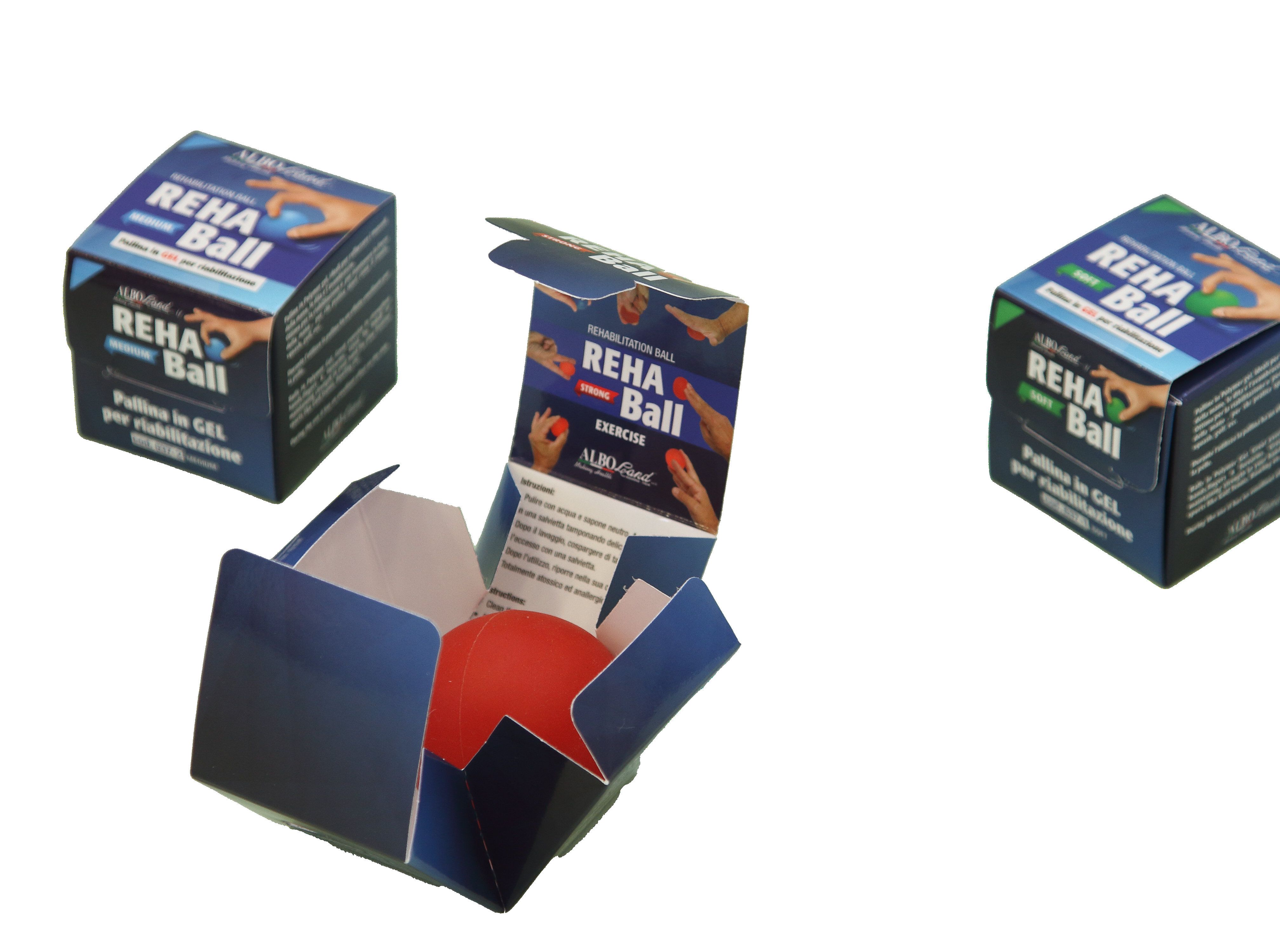 Confezione con pallina rossa. Scatola blu con nome e logo del prodotto. Aperta, pallina visibile.