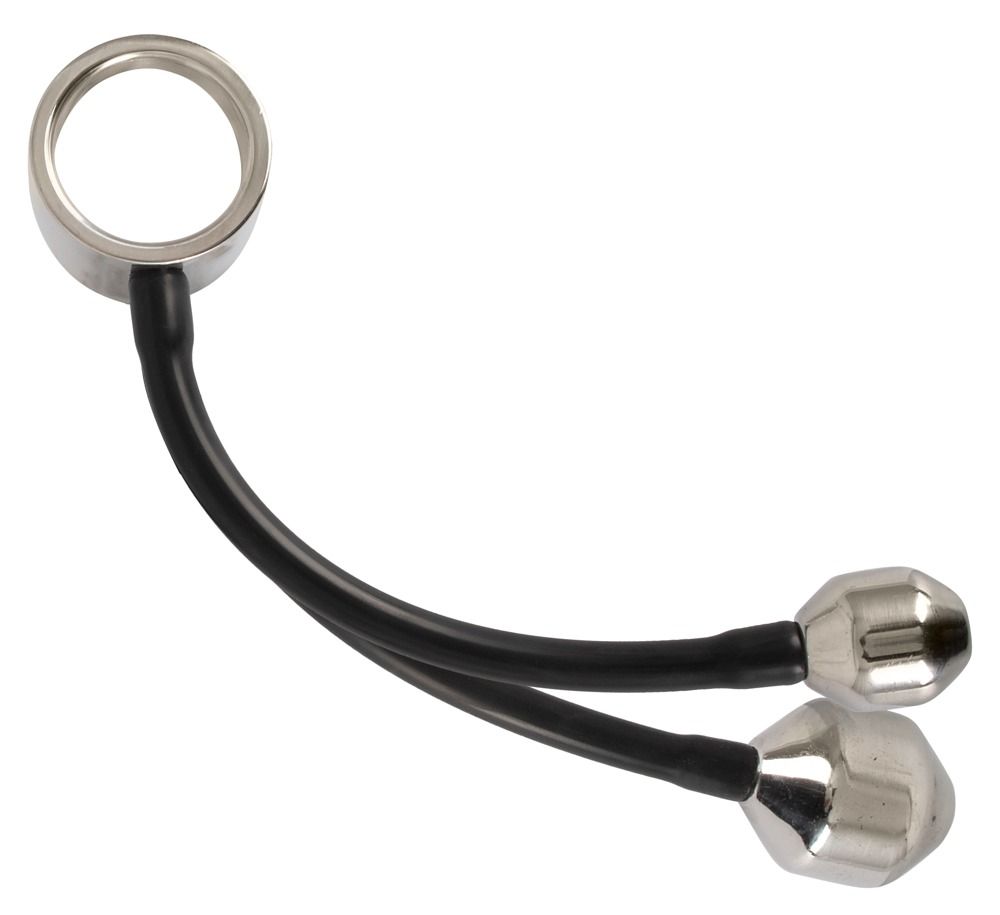 Anello metallico con due collegamenti neri flessibili a due pesi metallici. Vista obliqua.