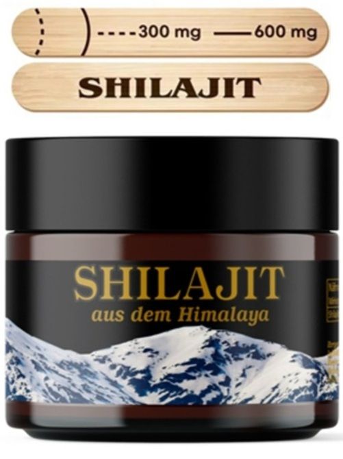 Barattolo marrone con coperchio nero. Scritta SHILAJIT, con motivo montuoso. Include cucchiaio dosatore con indicazioni.