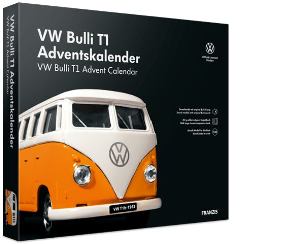 Confezione calendario dell'Avvento con VW Bulli T1. Logo e nome prodotto. Immagine Bulli giallo-bianco. Testo: Franzis.