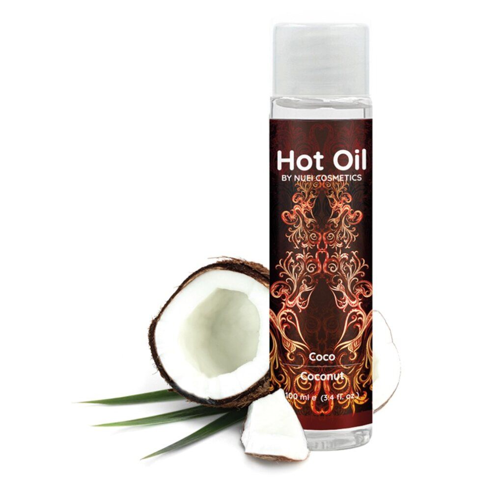 Flacone con tappo bianco, cocco e foglie. Scritta "Hot Oil" e "Coco Coconut".