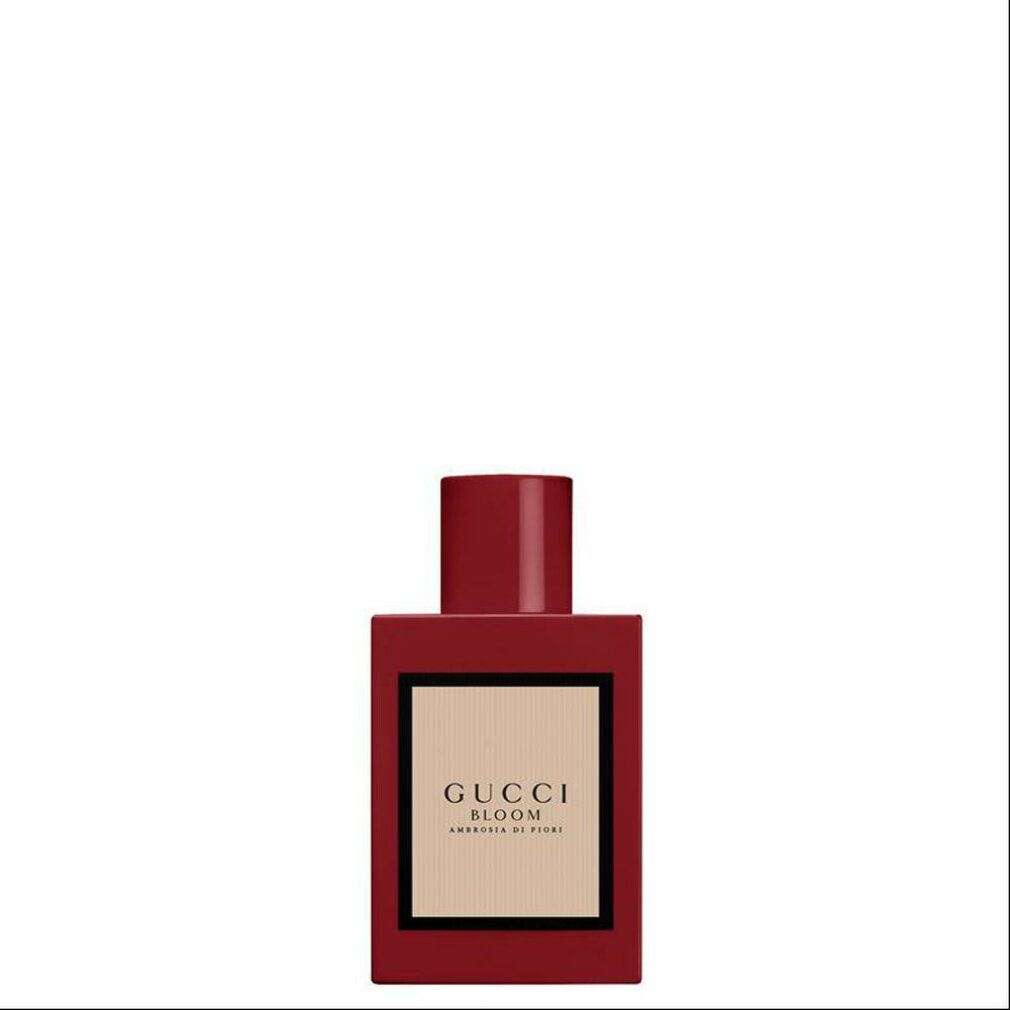 Flacone rosso quadrato. Scritta: Gucci Bloom Ambrosia di Fiori. Tappo rosso.