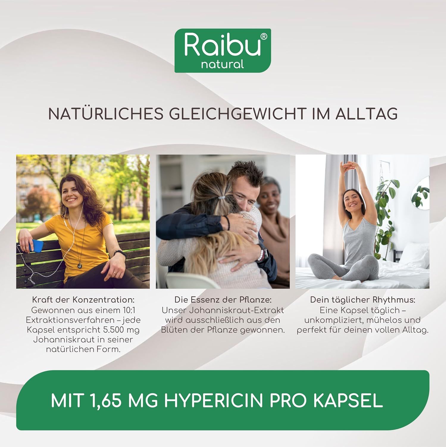 Immagine pubblicitaria con tre foto. Testo: Equilibrio naturale nella vita quotidiana. Informazioni sul prodotto e immagini di persone.