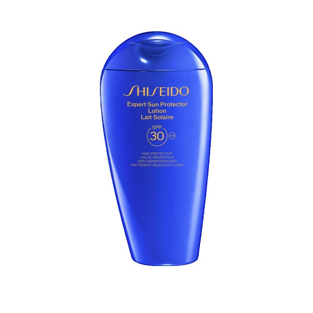 Flacone blu con scritta SHISEIDO Expert Sun Protector Lotion Lait Solaire SPF30. Alta protezione, resistente all'acqua.