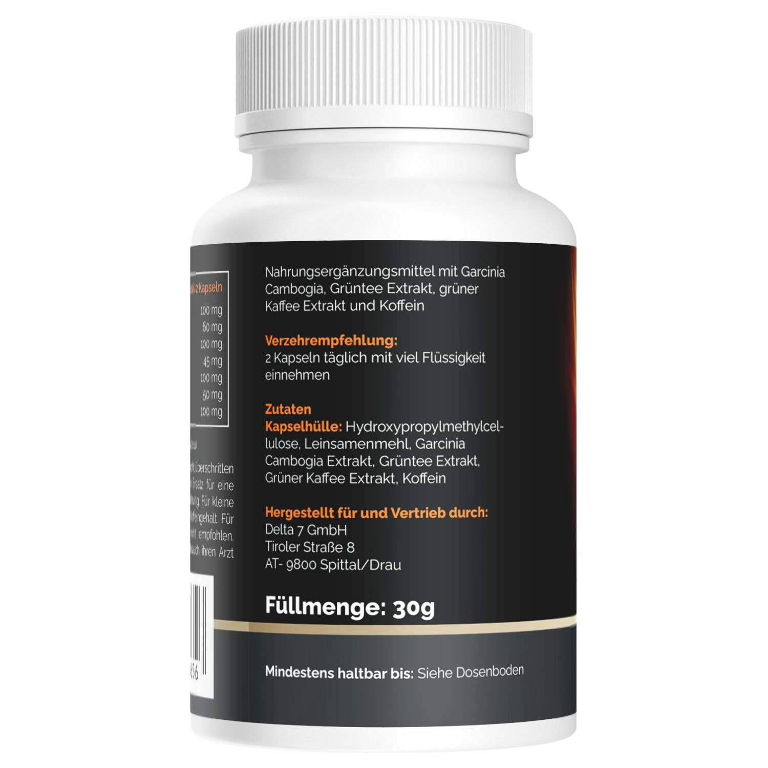 Retro di un flacone di pillole bianco. Contiene informazioni sugli ingredienti, il dosaggio, il produttore e il volume.