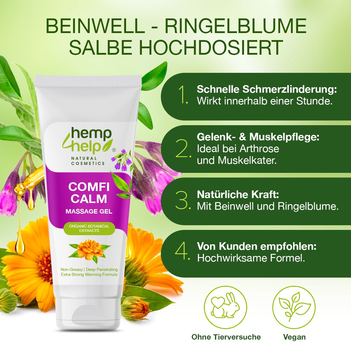 Tubo bianco con nome del prodotto e testo. Testo: Sollievo rapido dal dolore, cura delle articolazioni, forza naturale. Loghi: Vegano, senza test sugli animali.