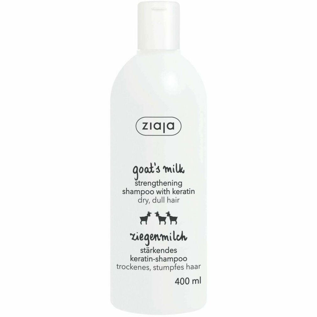 Flacone bianco Ziaja. Testo: goat's milk, Ziegenmilch. Capacità 400 ml.