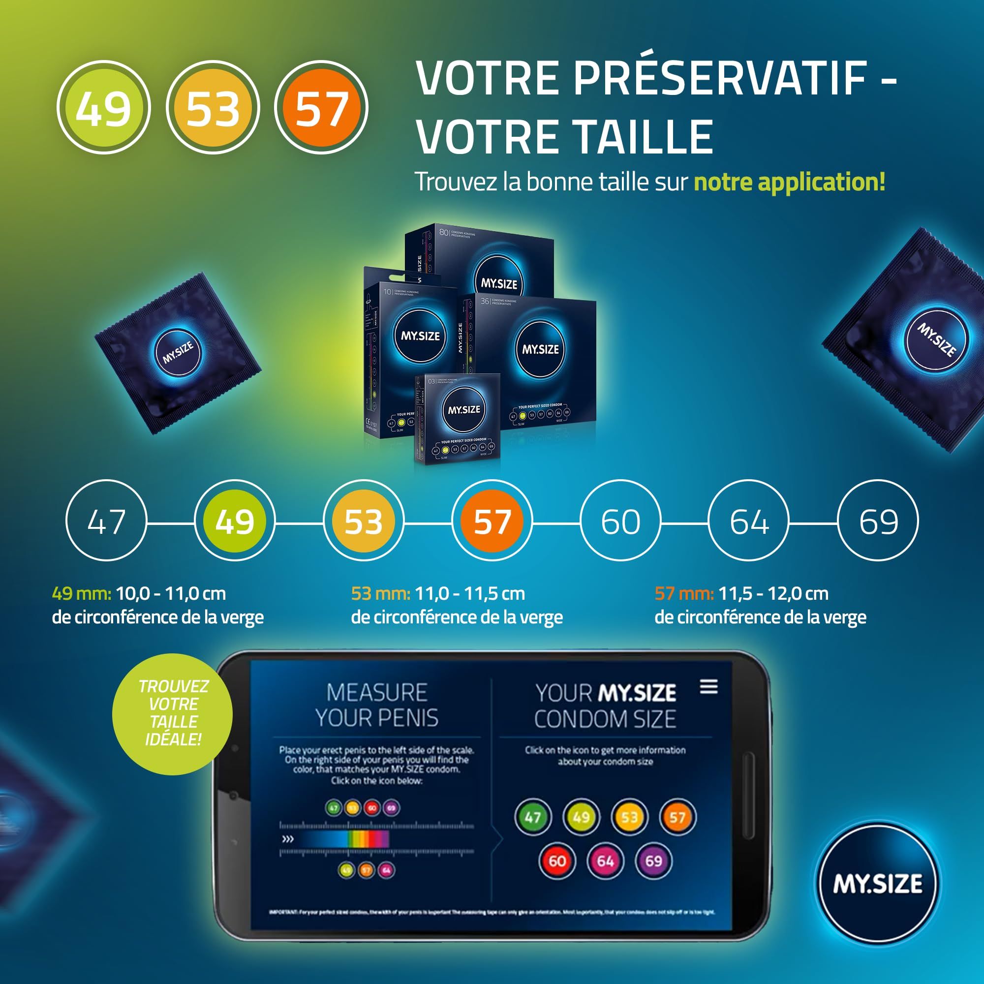 Smartphone che mostra l'app MY.SIZE per trovare la taglia del preservativo, taglie 47-69.