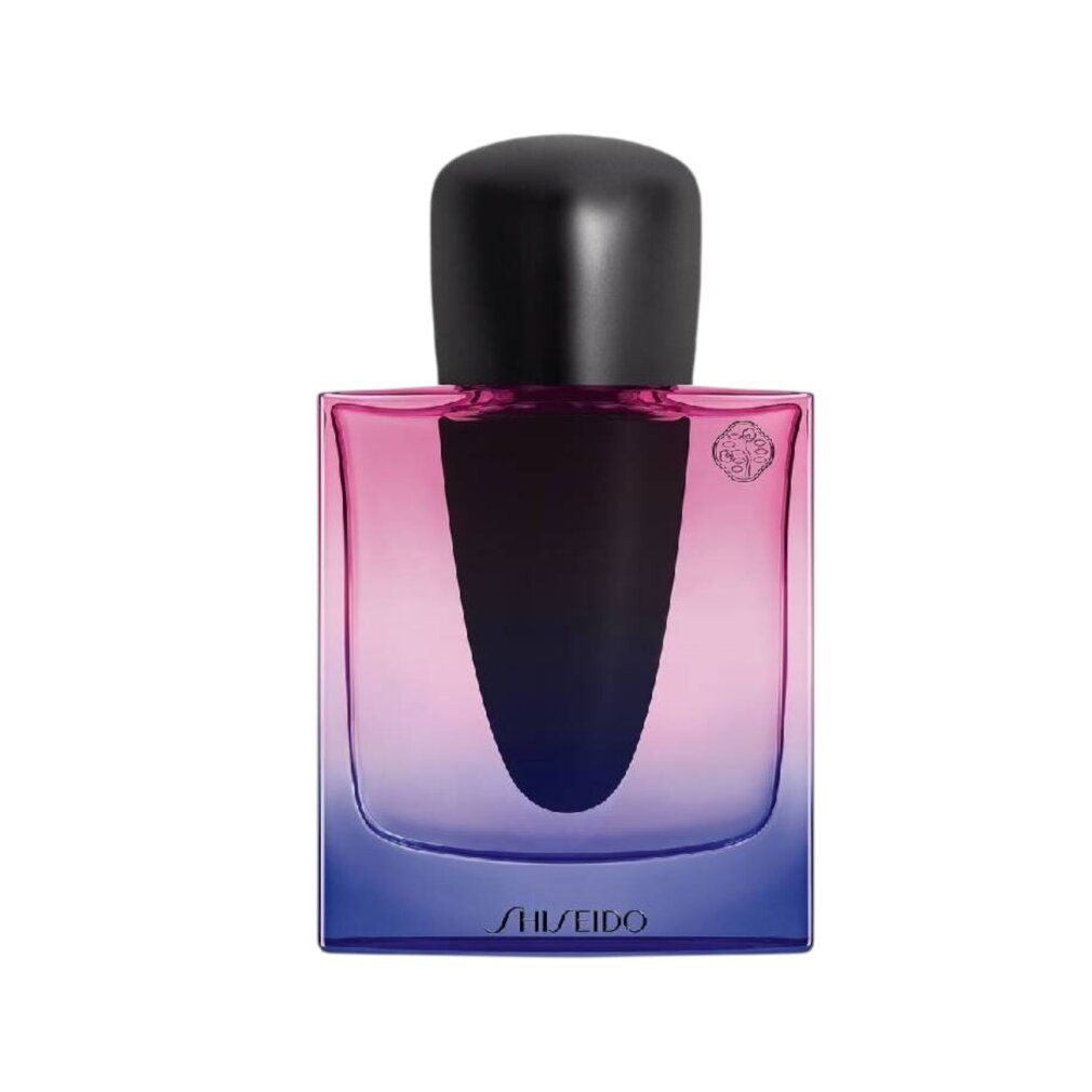 Flacone sfumato blu e rosa con tappo nero. Scritta SHISEIDO in basso.