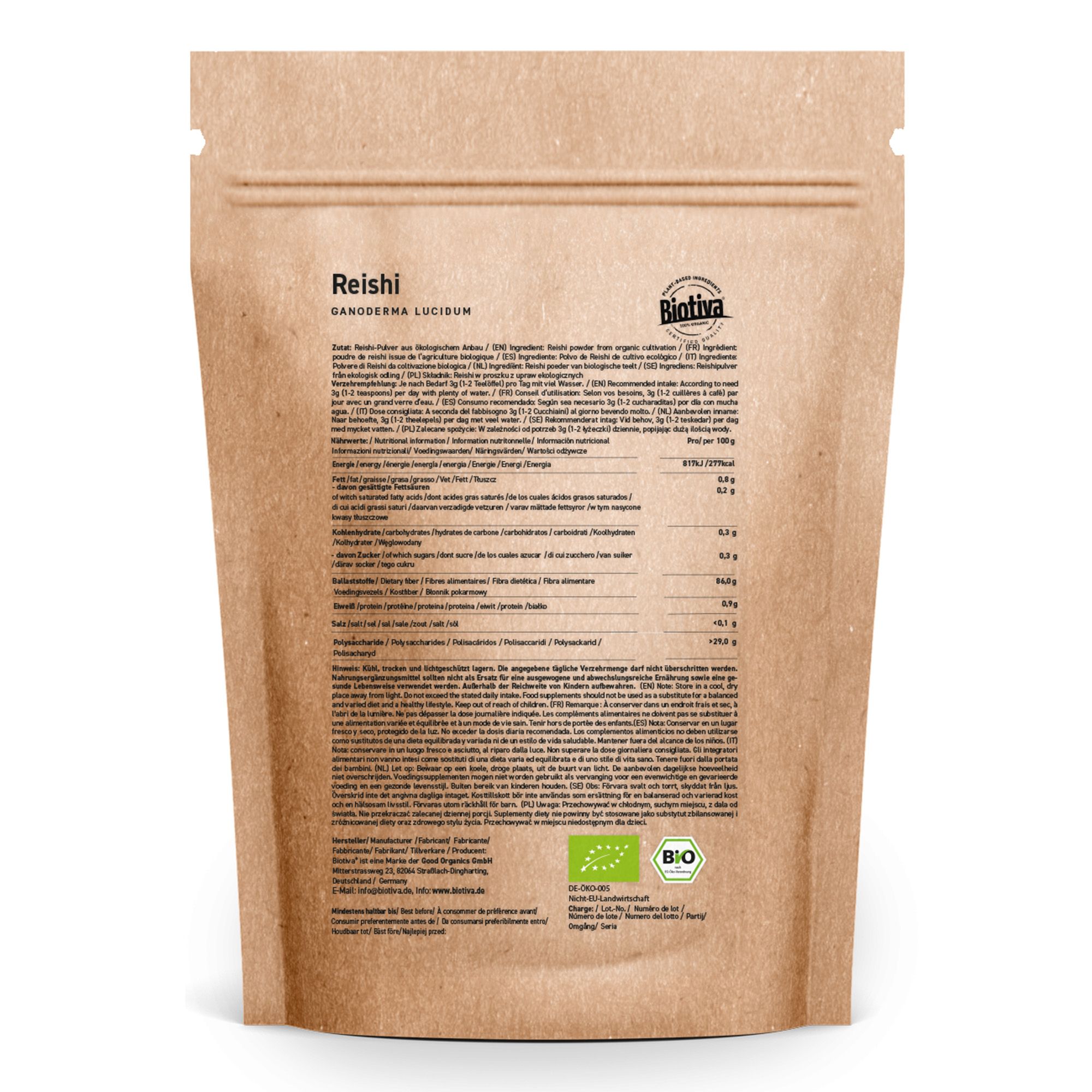 Retro della busta di polvere di Reishi Bio Biotiva. Contiene testo e sigillo biologico. Informazioni sugli ingredienti e sul valore nutrizionale.