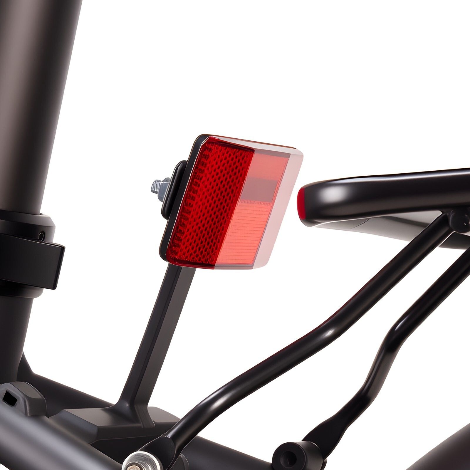 Fanale posteriore rosso su una bicicletta nera. Forma rettangolare. Riflettente.
