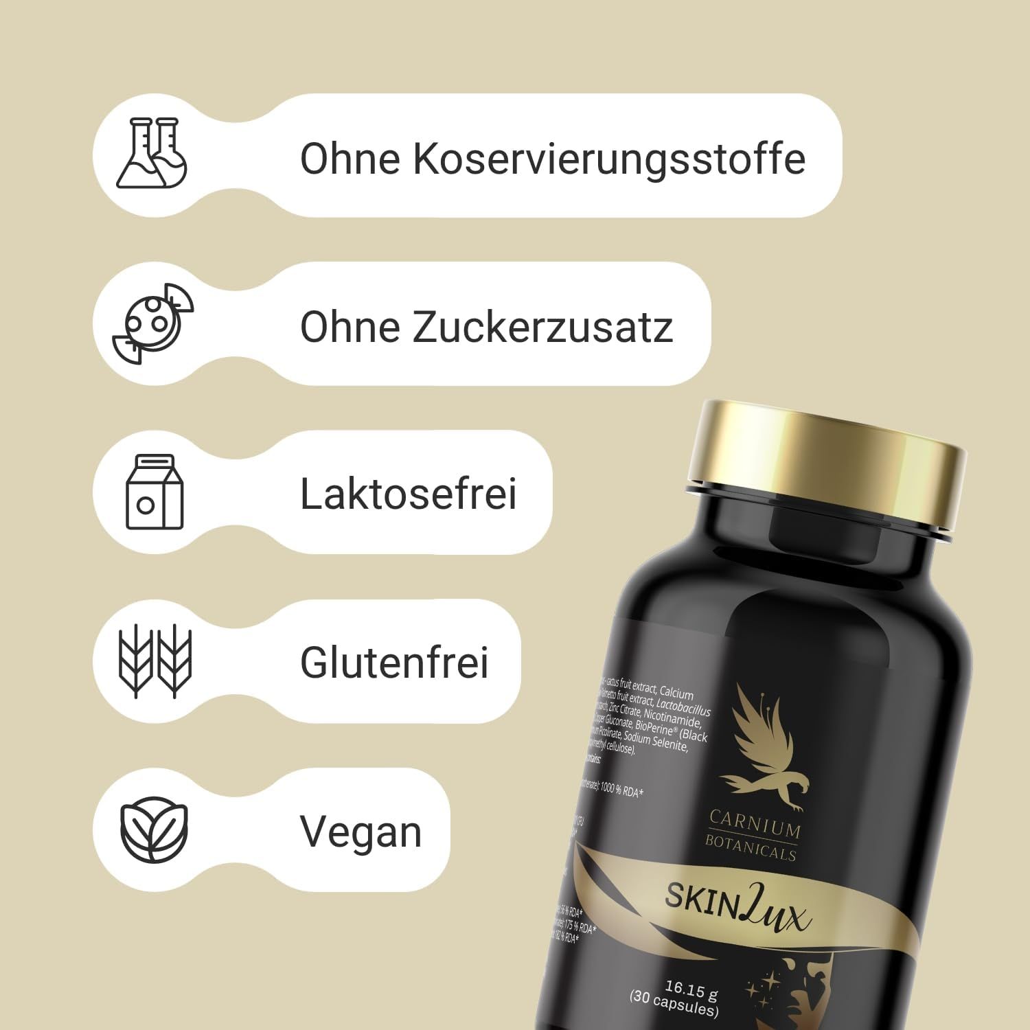 Flacone nero con tappo dorato. Scritta SKIN Lux e Carnium Botanicals. Testo: Senza conservanti, senza zuccheri aggiunti, ecc.