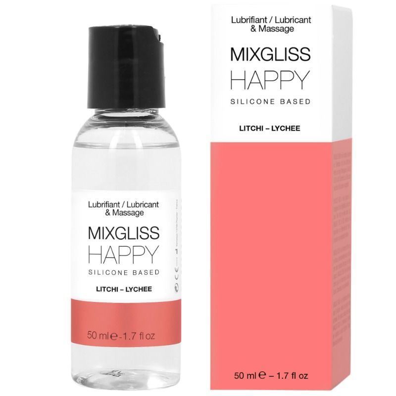 Mixgliss Happy Litchi Lubrificante a base di silicone in flacone trasparente con tappo a scatto nero. Include una confezione.