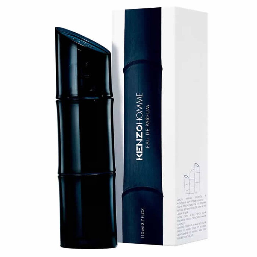 Flacone blu scuro, design a bambù, tappo obliquo. Confezione bianca con logo. Kenzo Homme Eau De Parfum Spray.