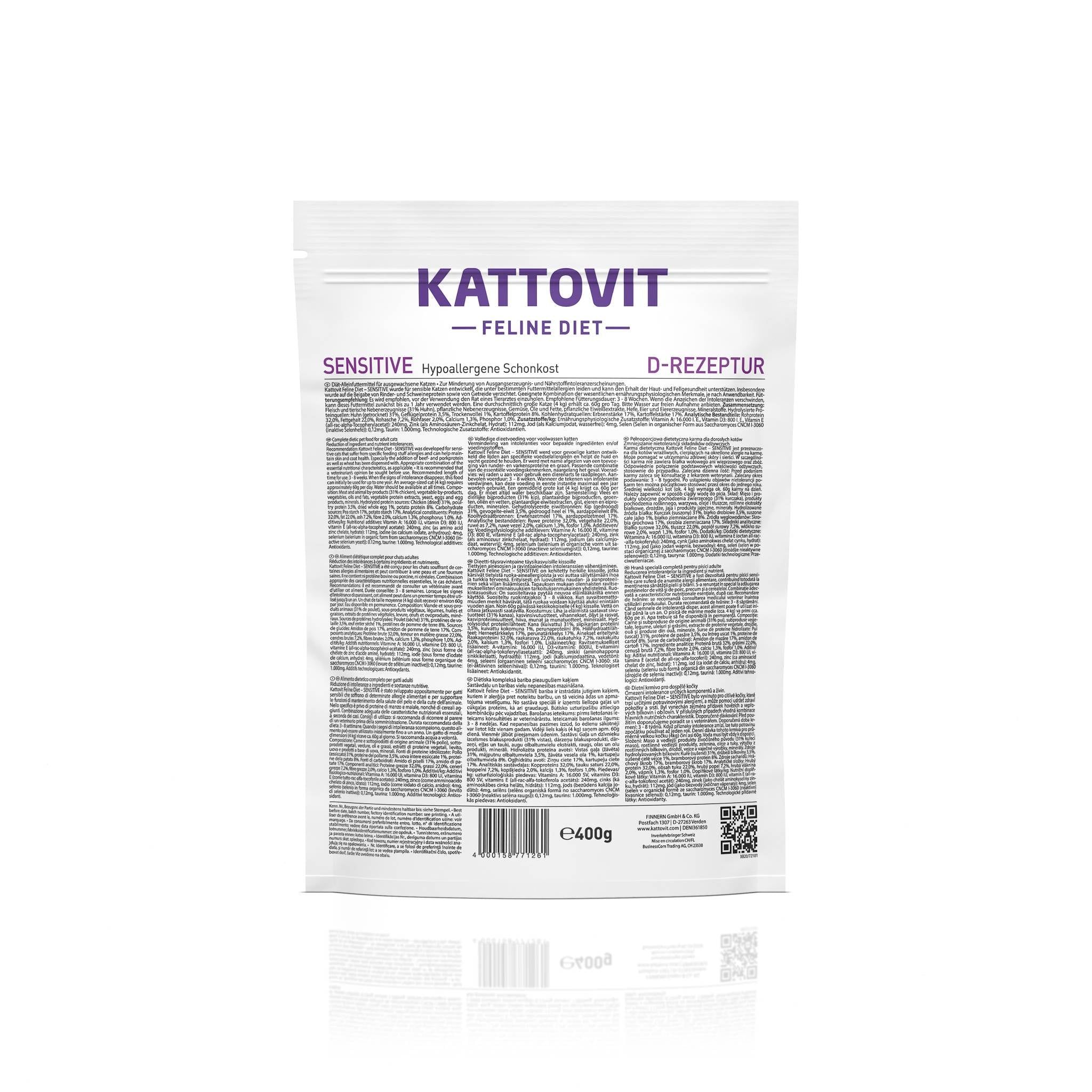 Confezione di Kattovit Feline Diet Sensitive cibo secco ipoallergenico, 400g.