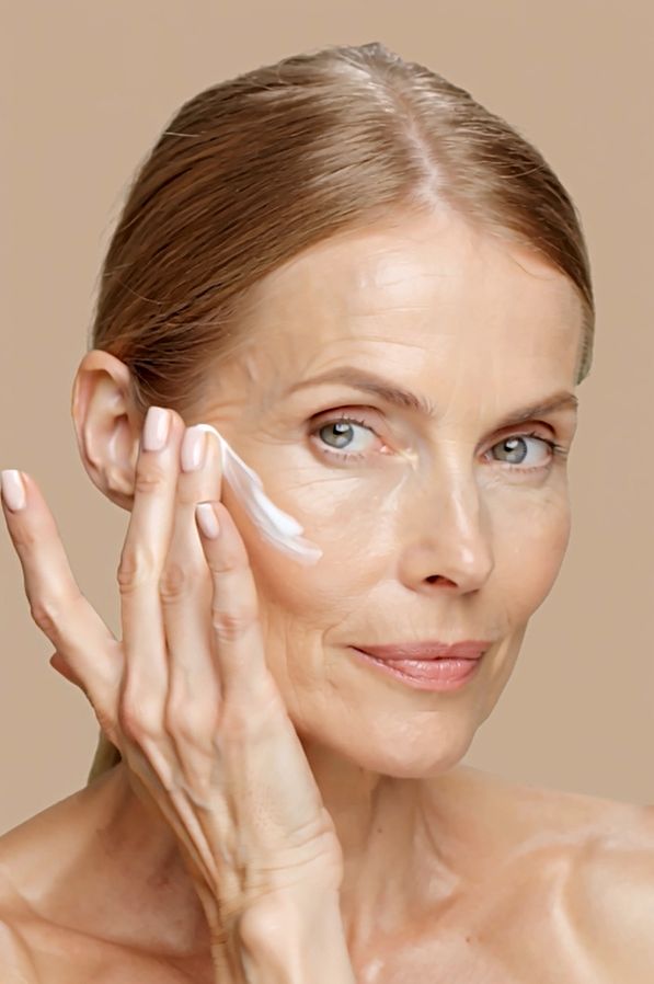 Donna che applica la crema sul viso. Pelle chiara, capelli biondi, sfondo beige.