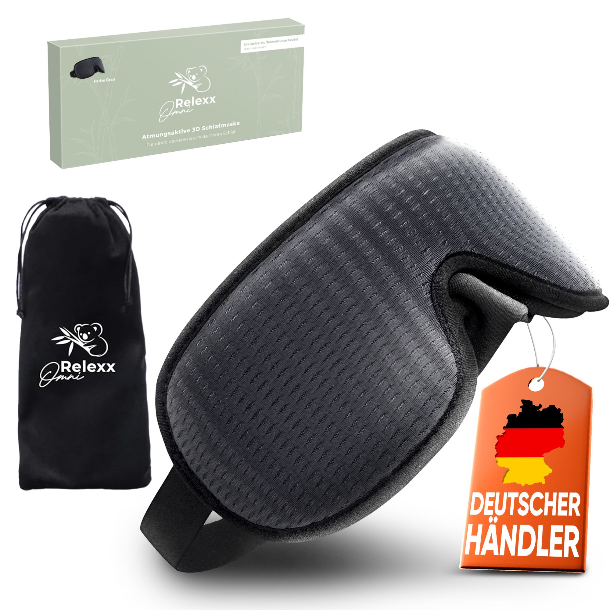 Maschera per dormire grigia, sacchetto da viaggio e confezione. Etichetta con bandiera tedesca. Marchio OmniRelexx.