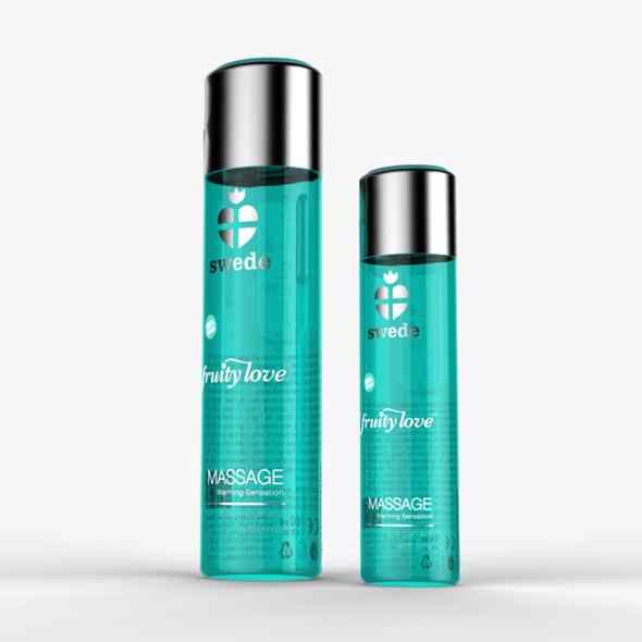 Due flaconi con tappi argentati. Scritte: swede, fruity love, Massage. Liquido turchese.