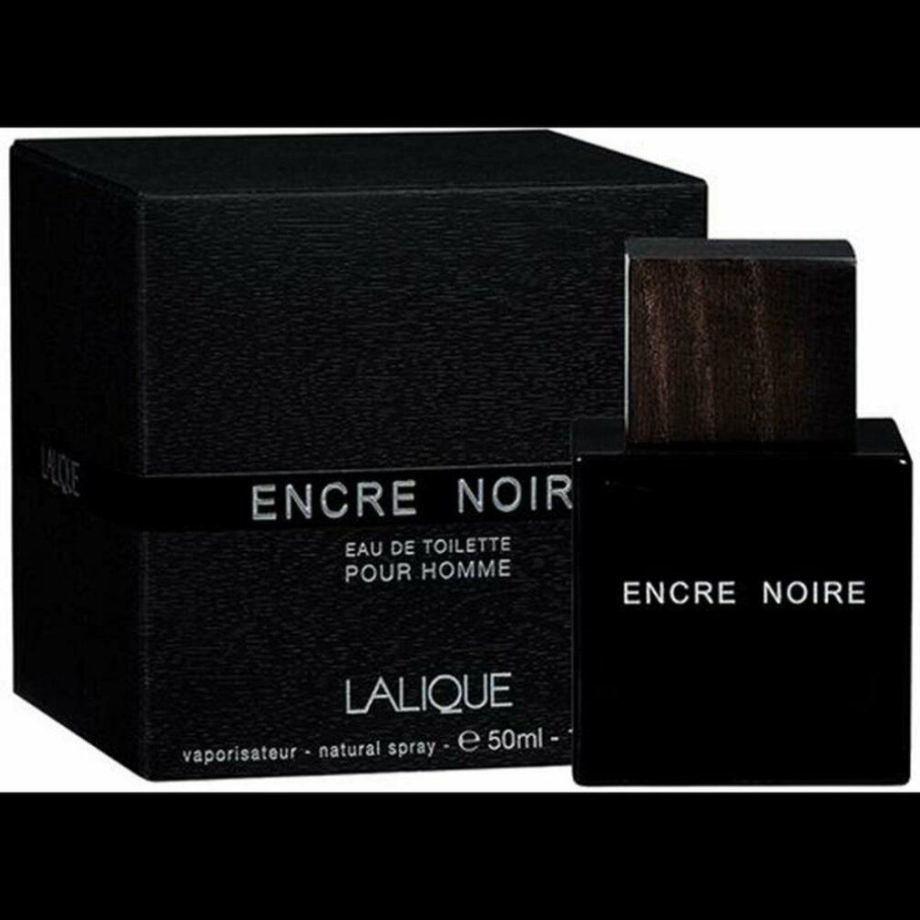 Flacone e confezione neri. Scritta: Encre Noire, Eau de Toilette Pour Homme, Lalique. Tappo in legno.
