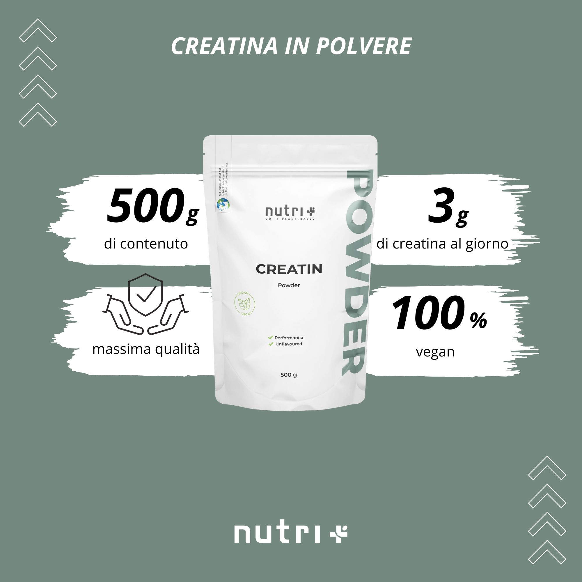 Grafica con 'CREATINA IN POLVERE'. 500g contenuto, 3g creatina al giorno, 100% vegano. 'Massima qualità'. Logo 'nutri+'.