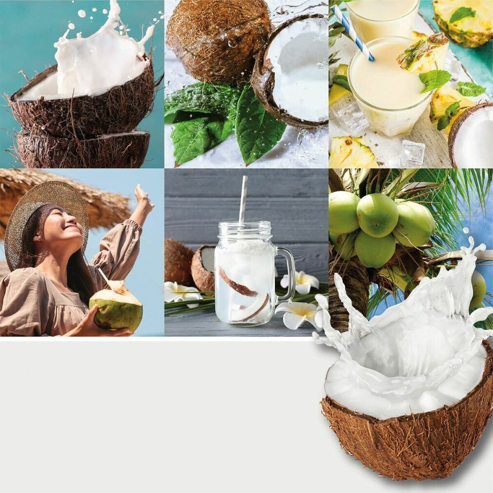 Collage con noci di cocco, latte di cocco e bevande. Una donna beve acqua di cocco. Decorazione con fiori.