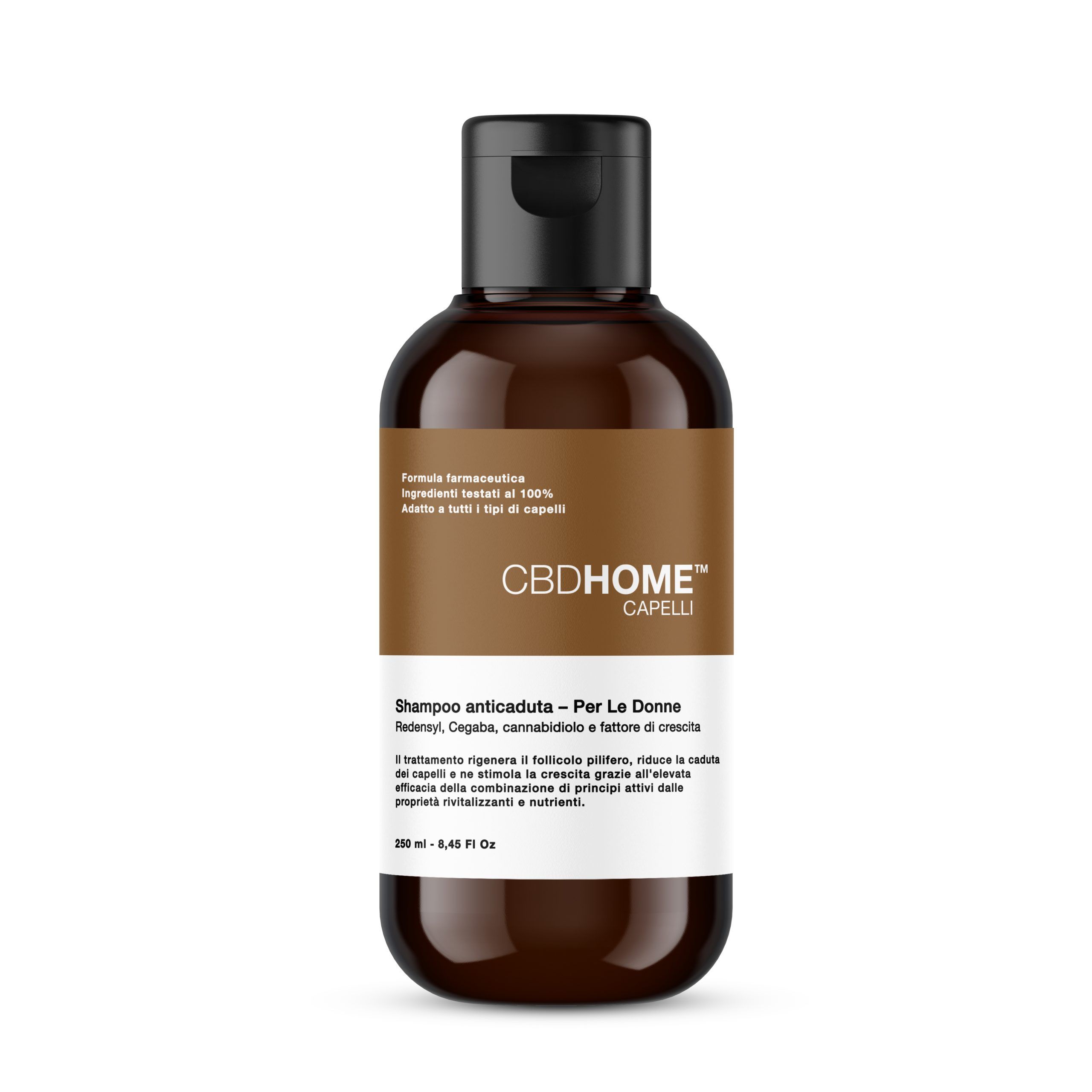 Flacone scuro CBDHOME Shampoo Anticaduta per Donne, 1% CBD.