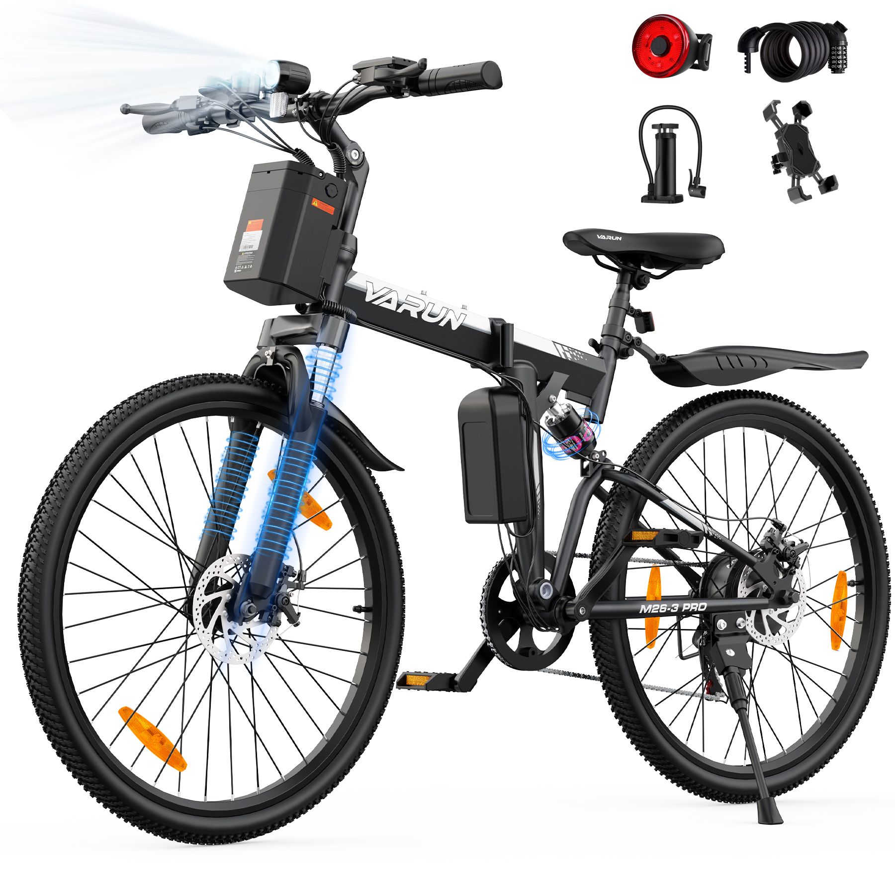 Bicicletta pieghevole nera con batteria, logo VARUN. Accessori: fanale posteriore, lucchetto a spirale, pompa, supporto telefono. Faro.