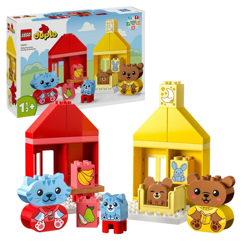 Set LEGO DUPLO con edifici rossi e gialli, personaggi e accessori. Prodotto e confezione affiancati.