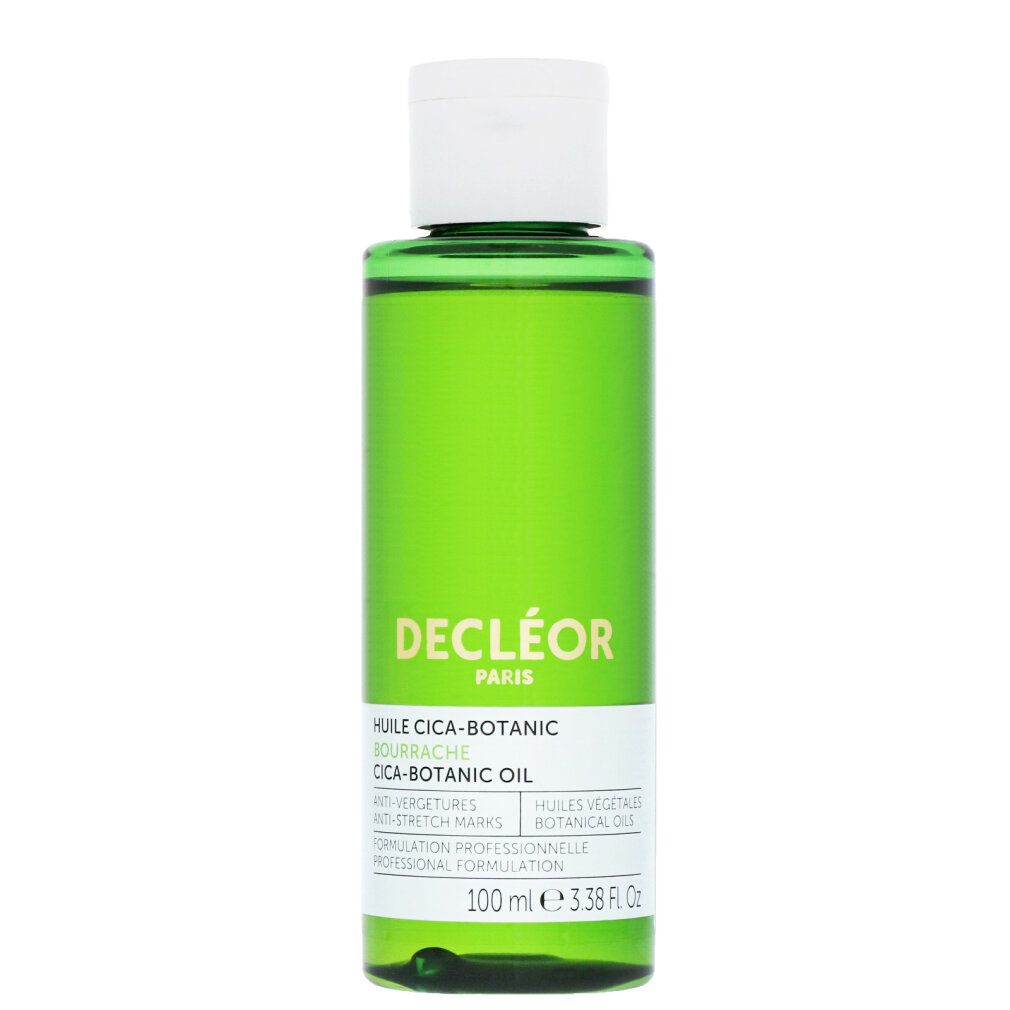 Flacone di vetro verde con tappo bianco. Scritta: Decleor, Cica-Botanic Bourrache, olio. 3.38 Fl.oz - e 100 ml.