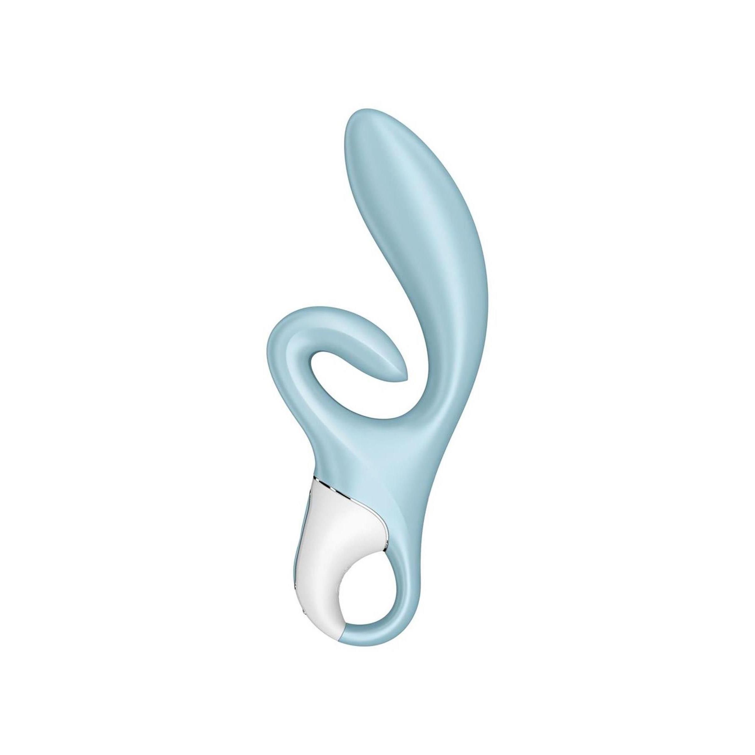 Un vibratore azzurro dalla forma curva con un accento bianco, di lato.