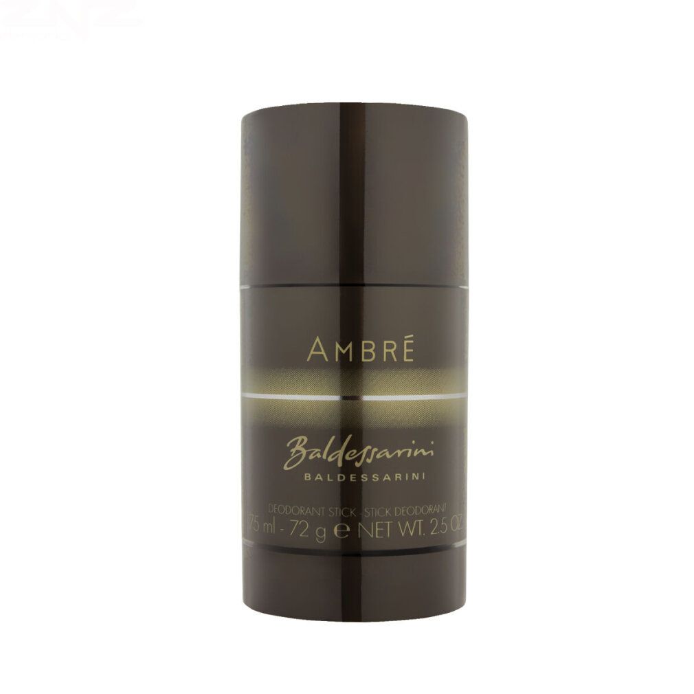 Stick deodorante Baldessarini Ambre Men. Stick marrone scuro con scritta AMBRE e Baldessarini. 72 g e NET WT. 2.5 OZ.