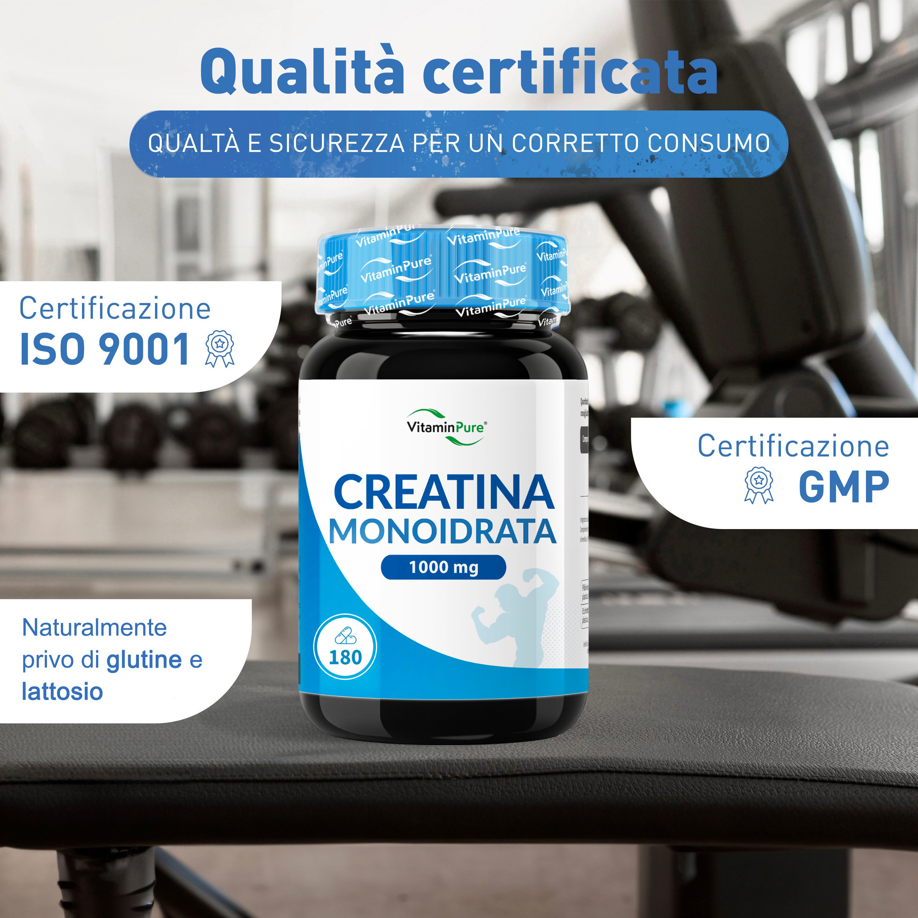 Flacone di Creatina Monoidrata VitaminPure. 1000 mg, 180 compresse. Certificazioni ISO 9001 e GMP. Senza glutine e lattosio.