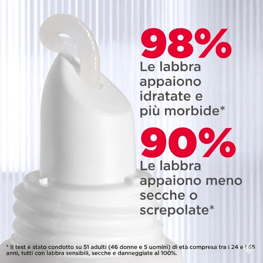Primo piano del prodotto. 98% labbra idratate e più morbide. 90% labbra meno secche o screpolate.