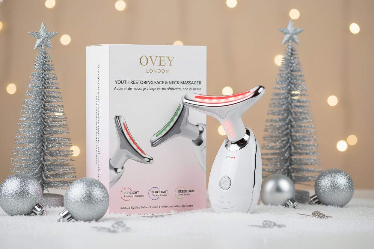 Prodotto con confezione e decorazioni natalizie. Dispositivo con testa curva, display LED. Confezione con immagine del prodotto.