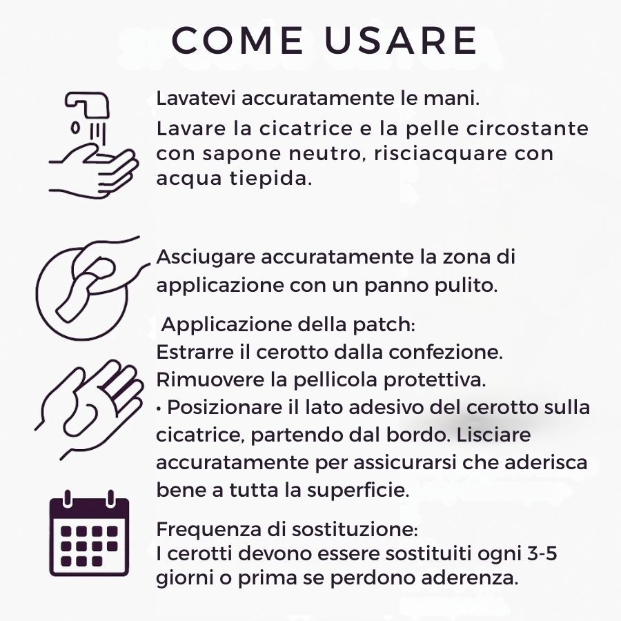 Istruzioni per l'uso dei cerotti. Illustrazioni e testo su sfondo bianco.