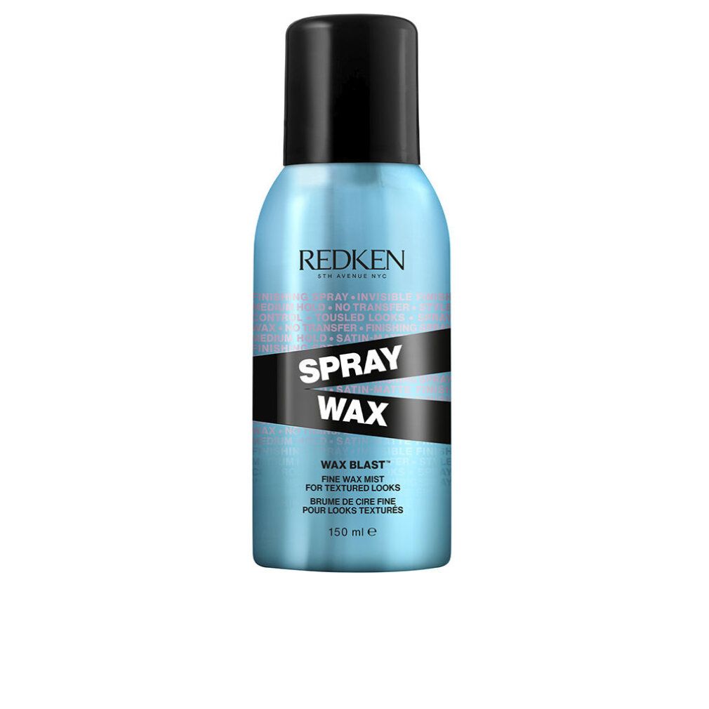 Flacone spray azzurro con tappo nero. Scritta Redken Spray Wax. Testo inglese e francese. 150 ml.