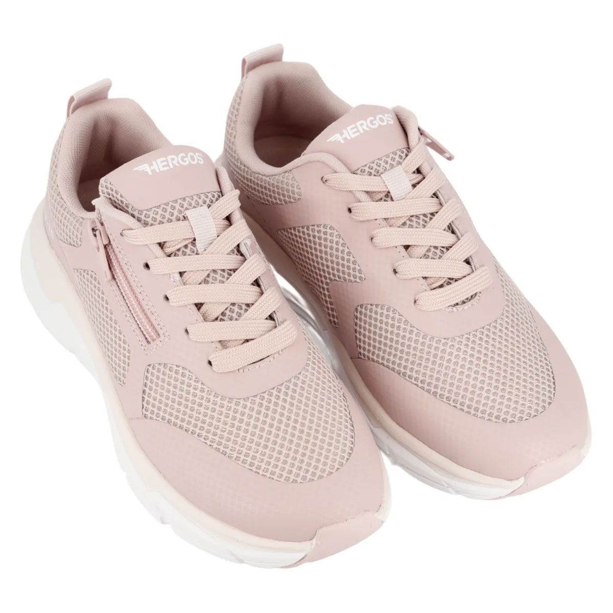 Due scarpe da ginnastica rosa. Inserti in mesh, zip, lacci. Marchio HERGOS. Suola bianca.