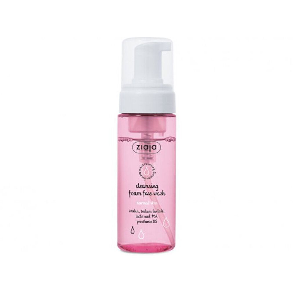 Flacone rosa con dosatore bianco. Scritta: ZIAJA, cleansing foam face wash. Contiene ingredienti.