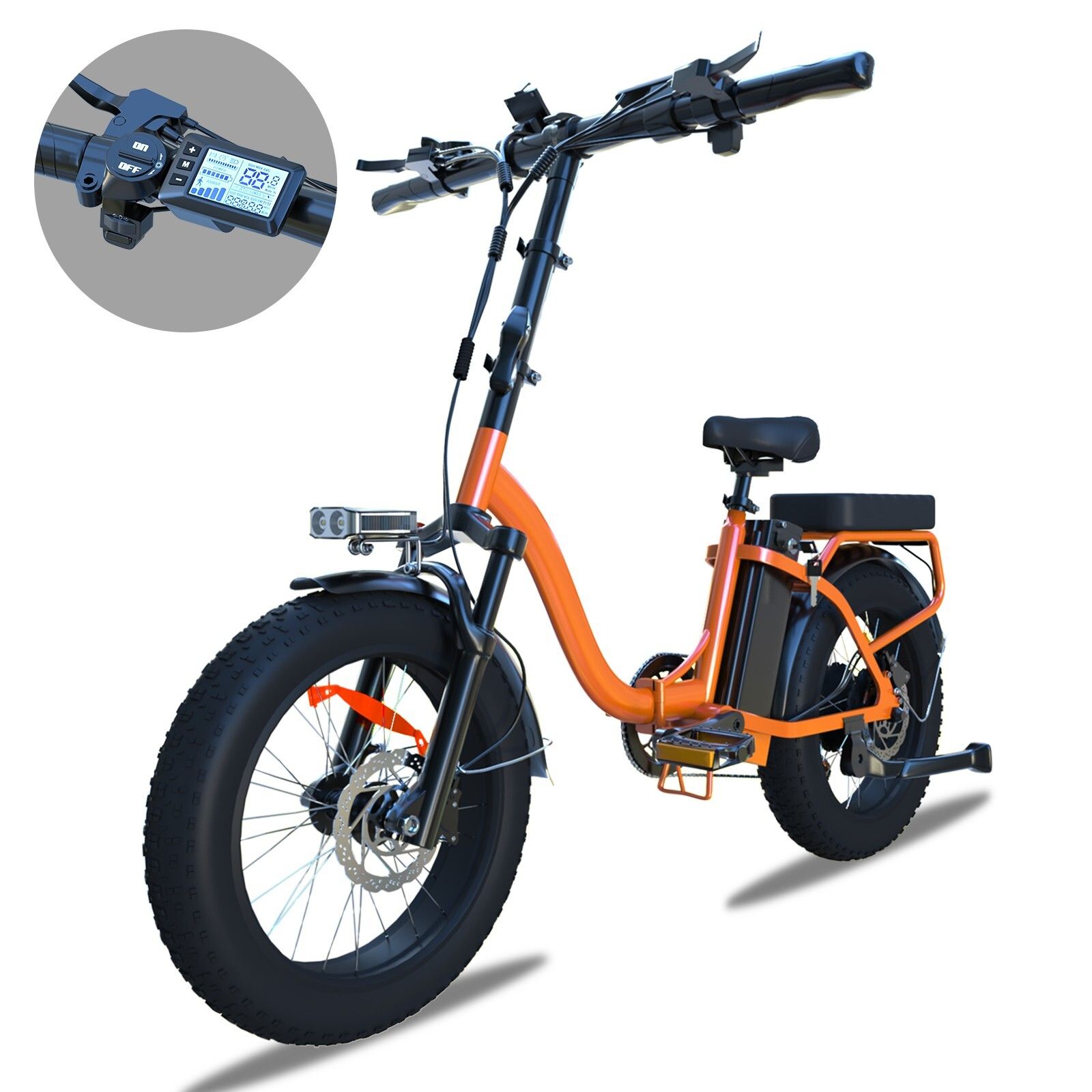 E-bike pieghevole, telaio arancione, pneumatici neri. Dettaglio manubrio con display.