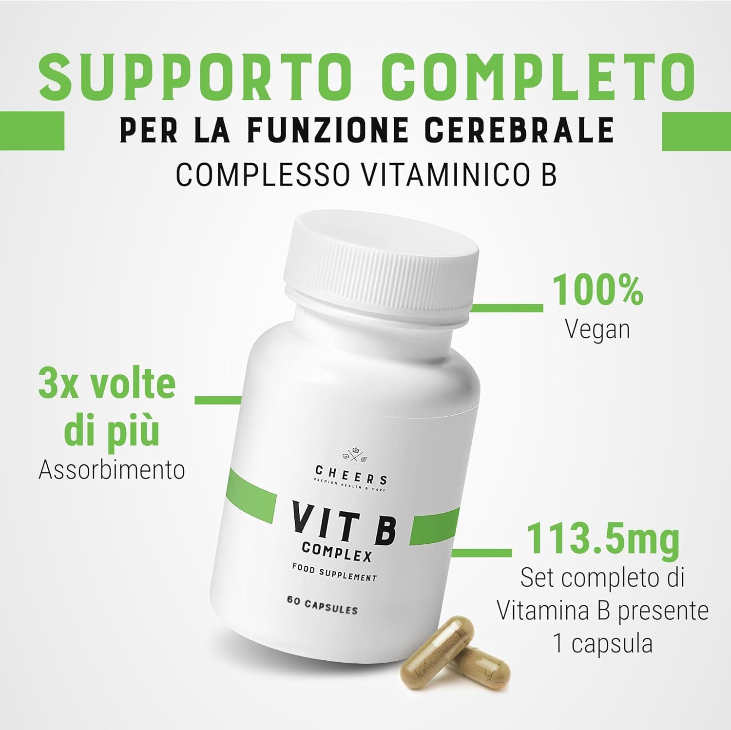 Flacone bianco, dettagli verdi. Vitamina B Complex. 60 capsule. 3x assorbimento. 100% vegano.