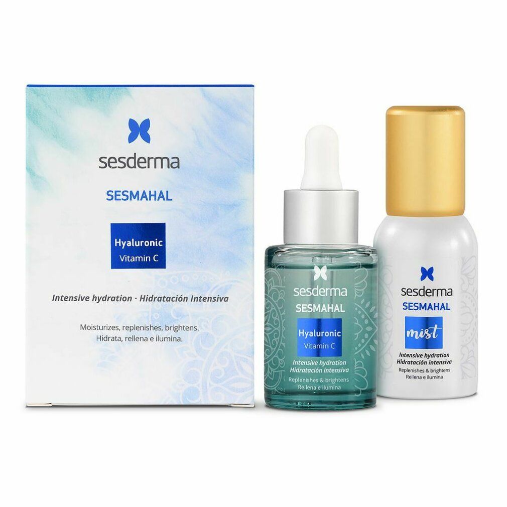 Set siero, spray e confezione. Logo Sesderma e nomi dei prodotti. Flaconi con contagocce e nebulizzatore.