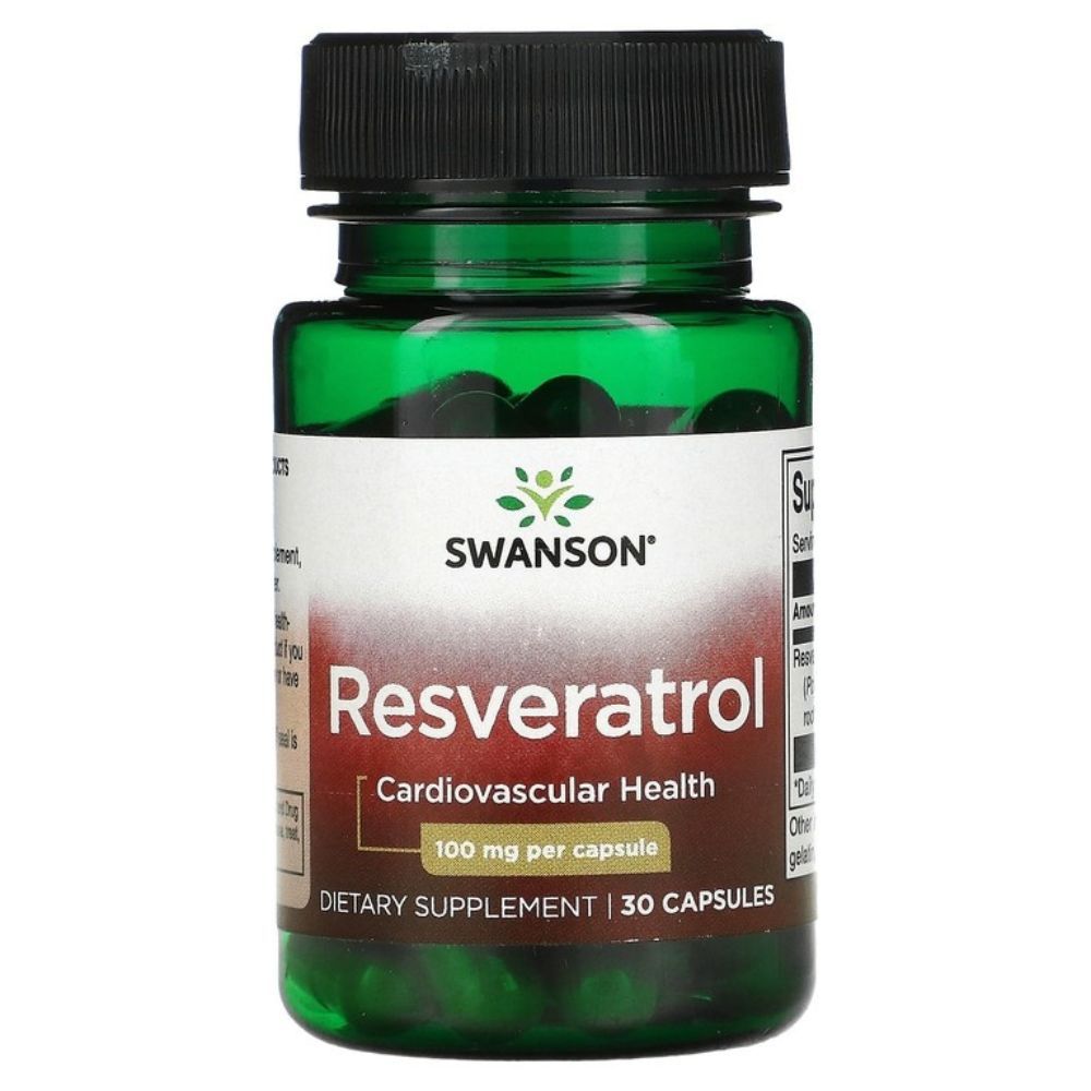 Flacone verde di capsule di Resveratrolo SWANSON, 100 mg per capsula, per la salute cardiovascolare.